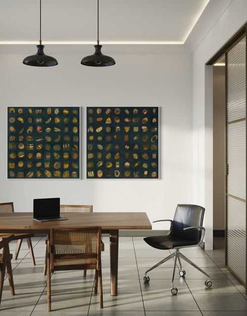Abstract diptych featuring a charcoal background with deep green and blue undertones, adorned with 64 detailed objects and gold accents.